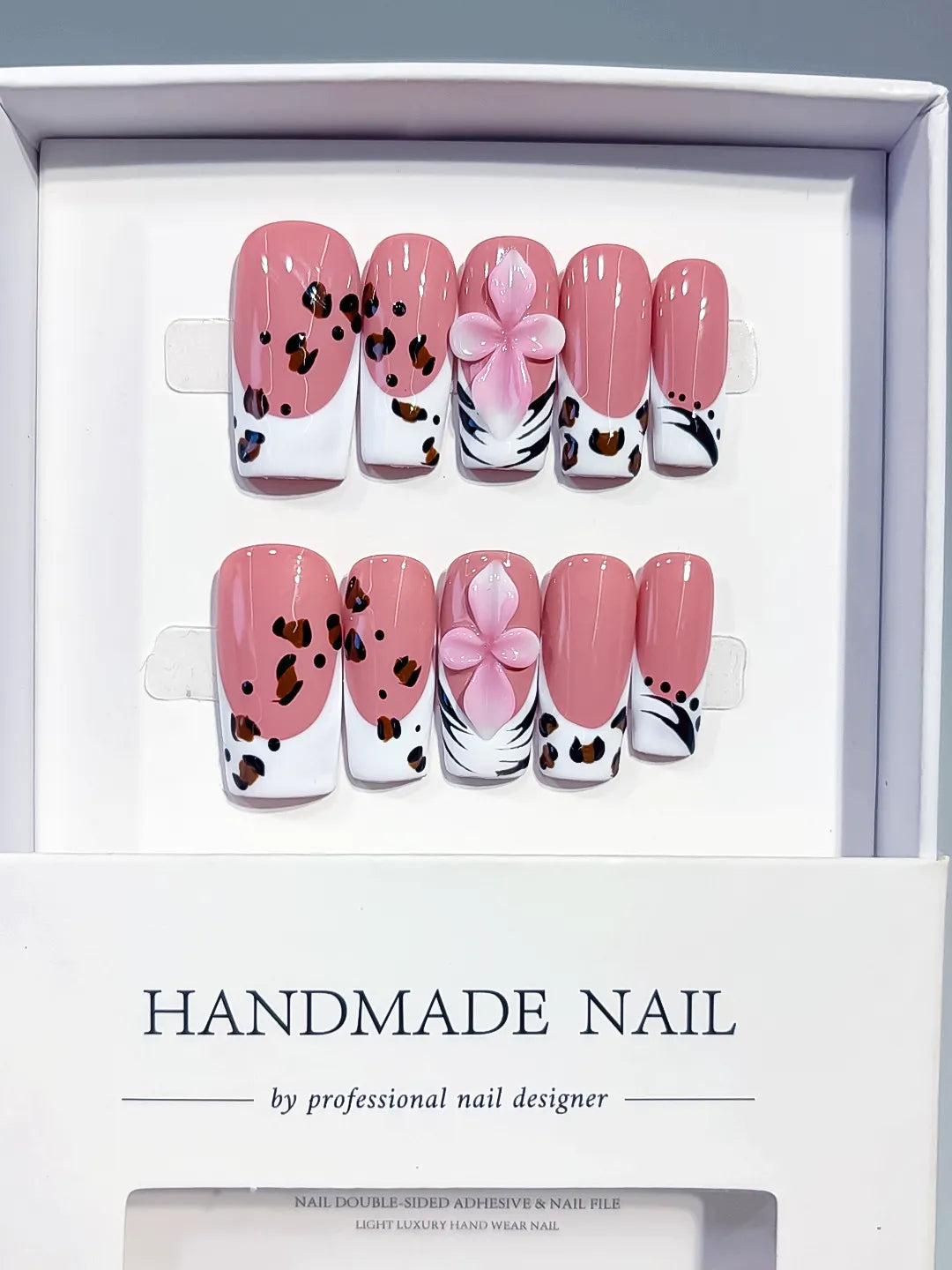 Pink White Brown Black Abstract Flower Animal Print press on nails full set view