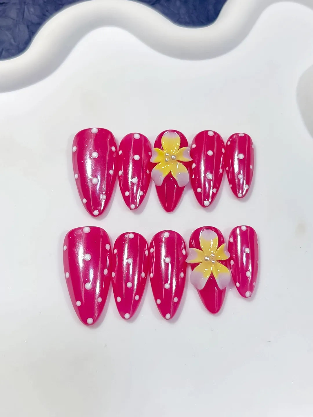 Pink White Geometric Flower press on nails close up