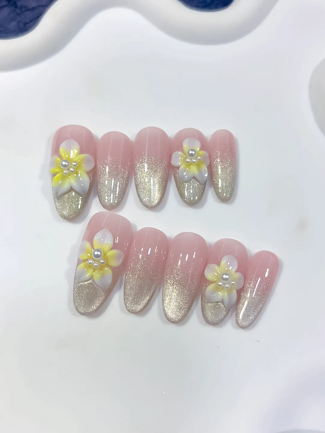 Pink Silver White Yellow Glitter Flower Pearl press on nails close up
