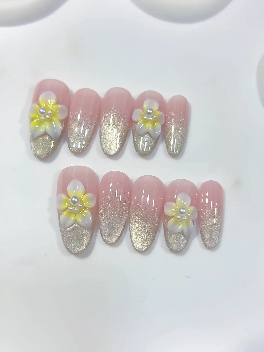 Pink Silver White Yellow Glitter Flower Pearl press on nails detail view