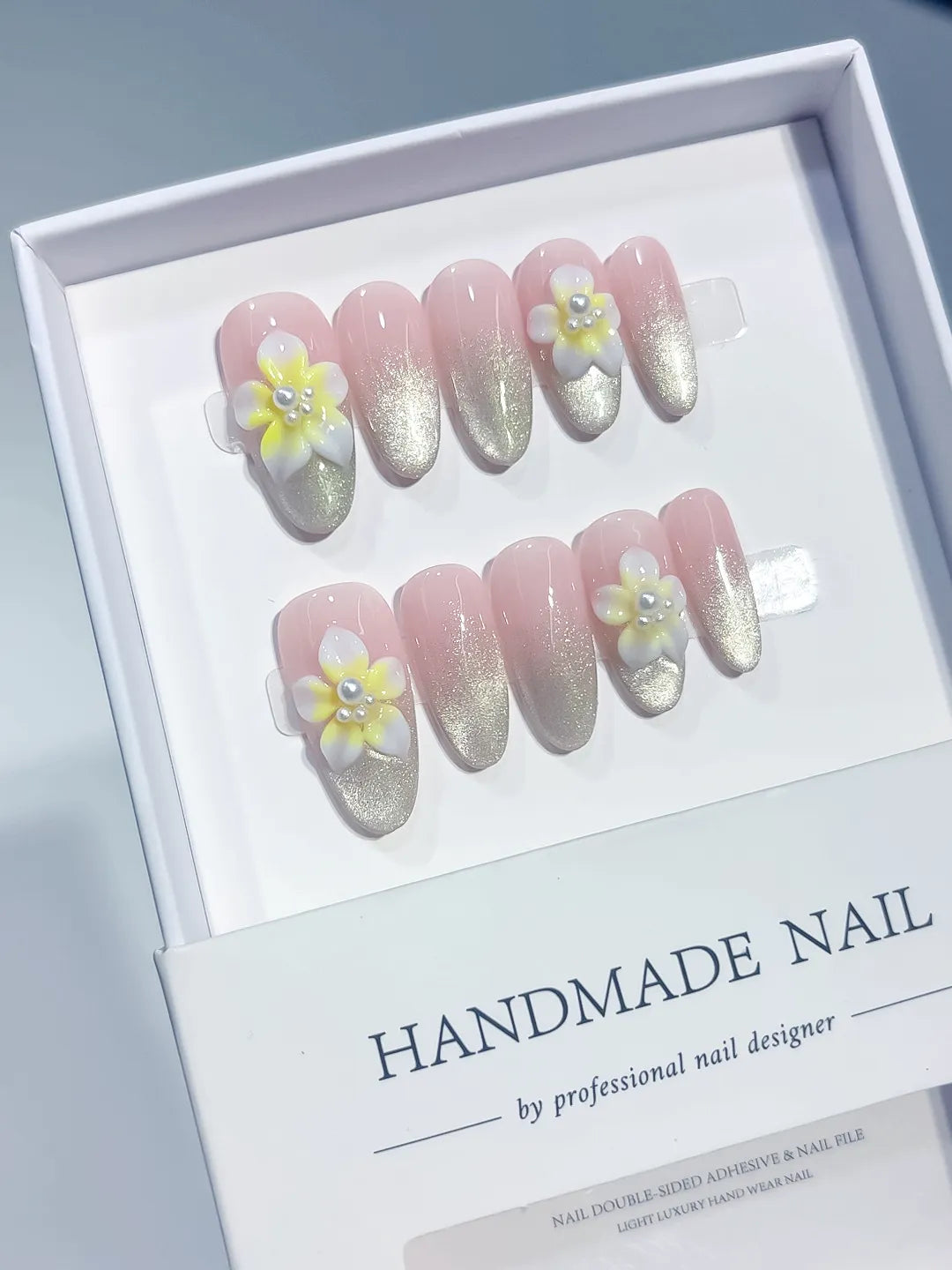 Pink Silver White Yellow Glitter Flower Pearl press on nails angled view