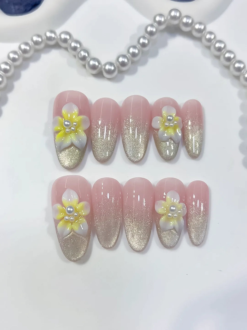 Pink Silver White Yellow Glitter Flower Pearl press on nails detail view