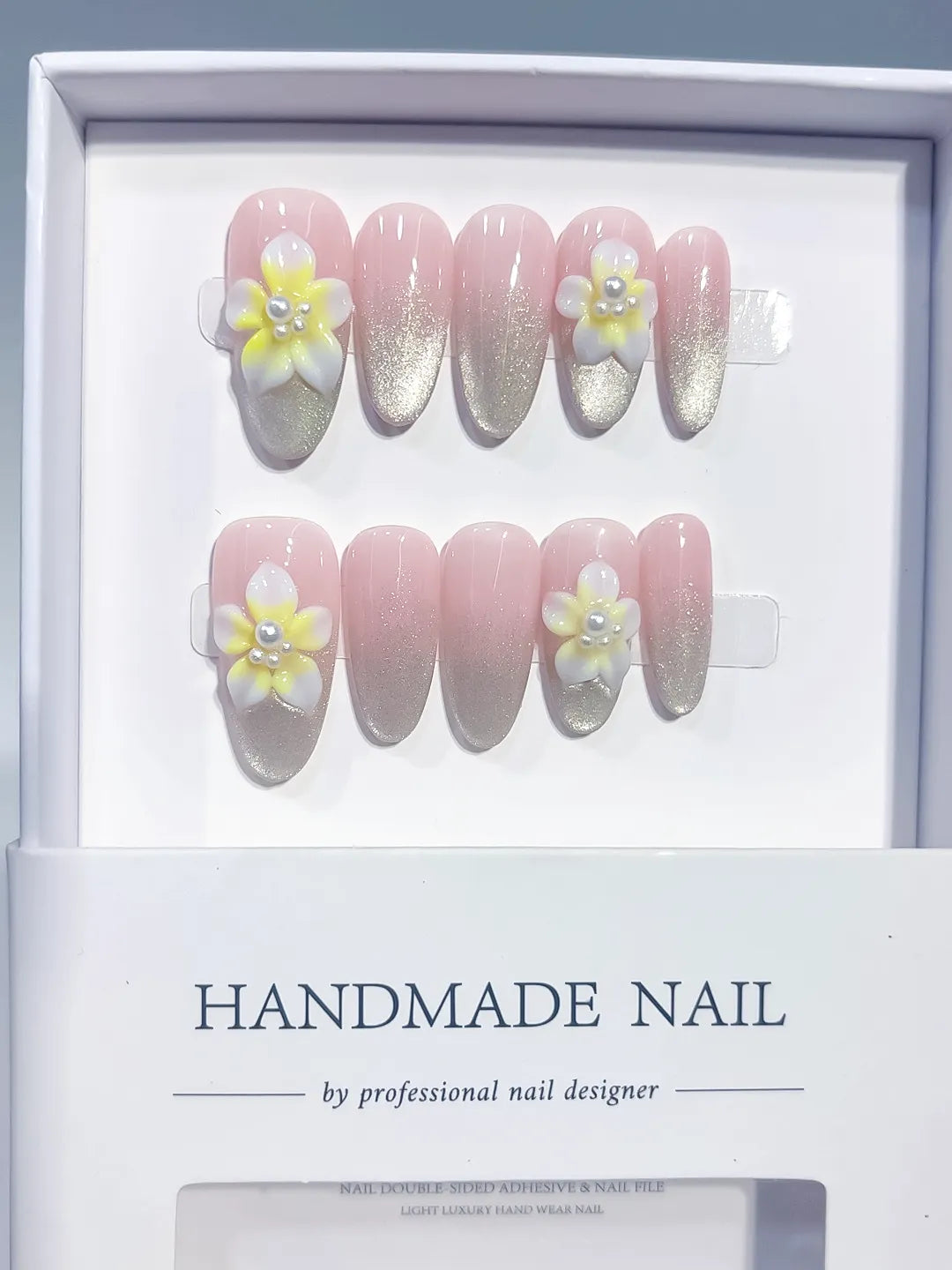 Pink Silver White Yellow Glitter Flower Pearl press on nails full set view