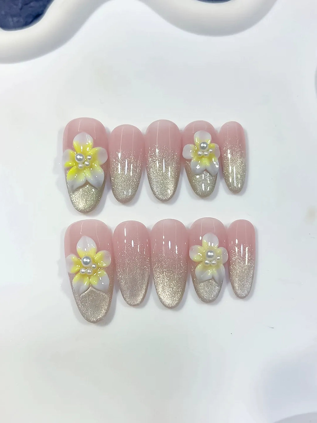Pink Silver White Yellow Glitter Flower Pearl press on nails detail view