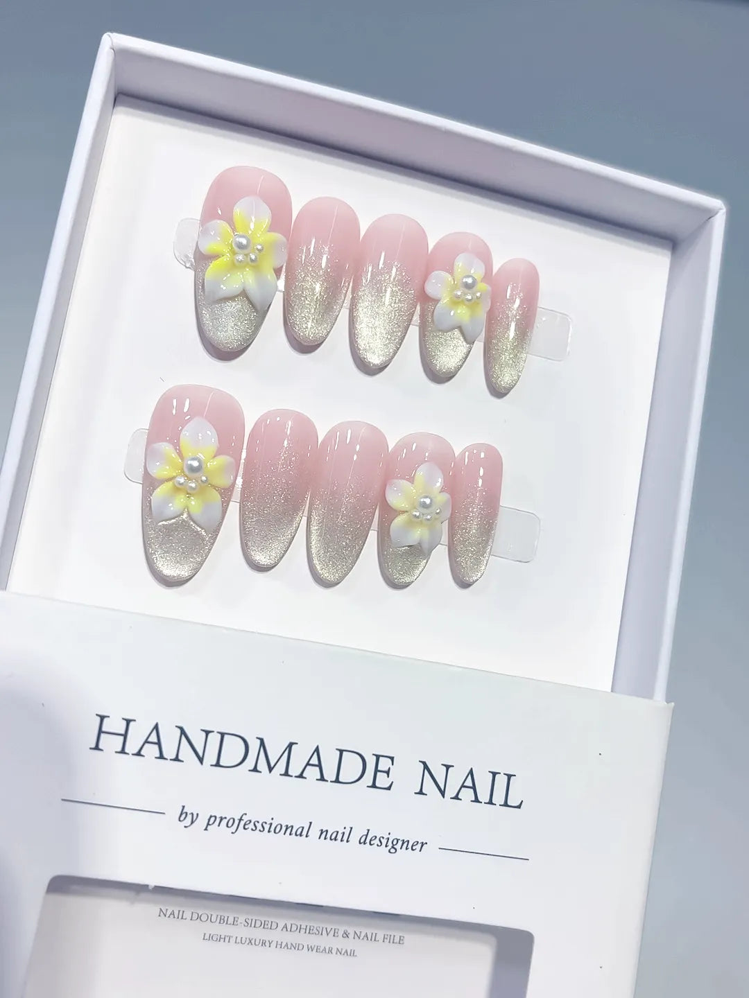 Pink Silver White Yellow Glitter Flower Pearl press on nails