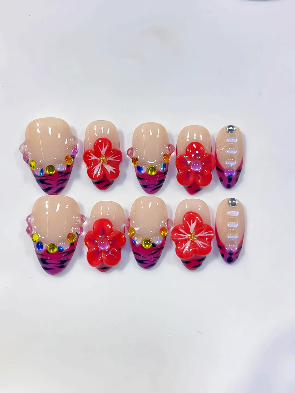 Nude Pink Purple Black Red Abstract Flower Animal Print Rhinestone press on nails detail view
