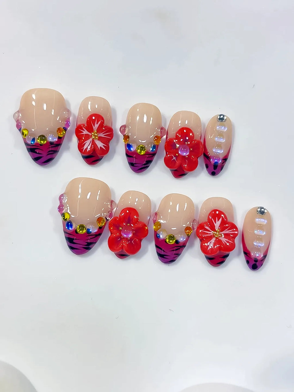 Nude Pink Purple Black Red Abstract Flower Animal Print Rhinestone press on nails close up