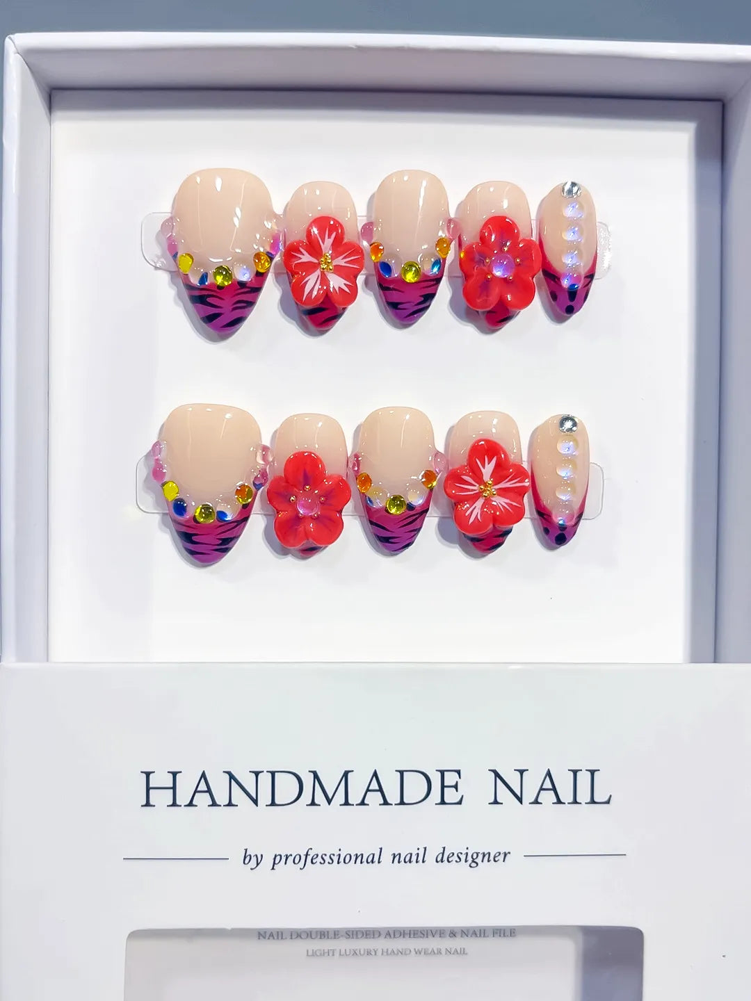 Nude Pink Purple Black Red Abstract Flower Animal Print Rhinestone press on nails full set view