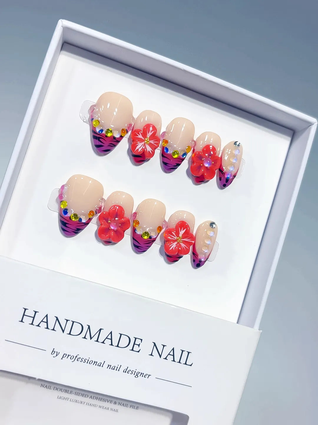 Nude Pink Purple Black Red Abstract Flower Animal Print Rhinestone press on nails