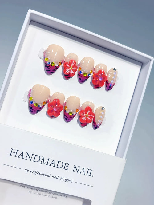 Nude Pink Purple Black Red Abstract Flower Animal Print Rhinestone press on nails