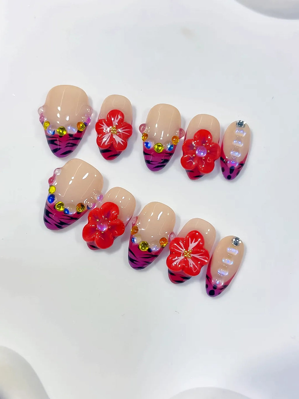 Nude Pink Purple Black Red Abstract Flower Animal Print Rhinestone press on nails detail view