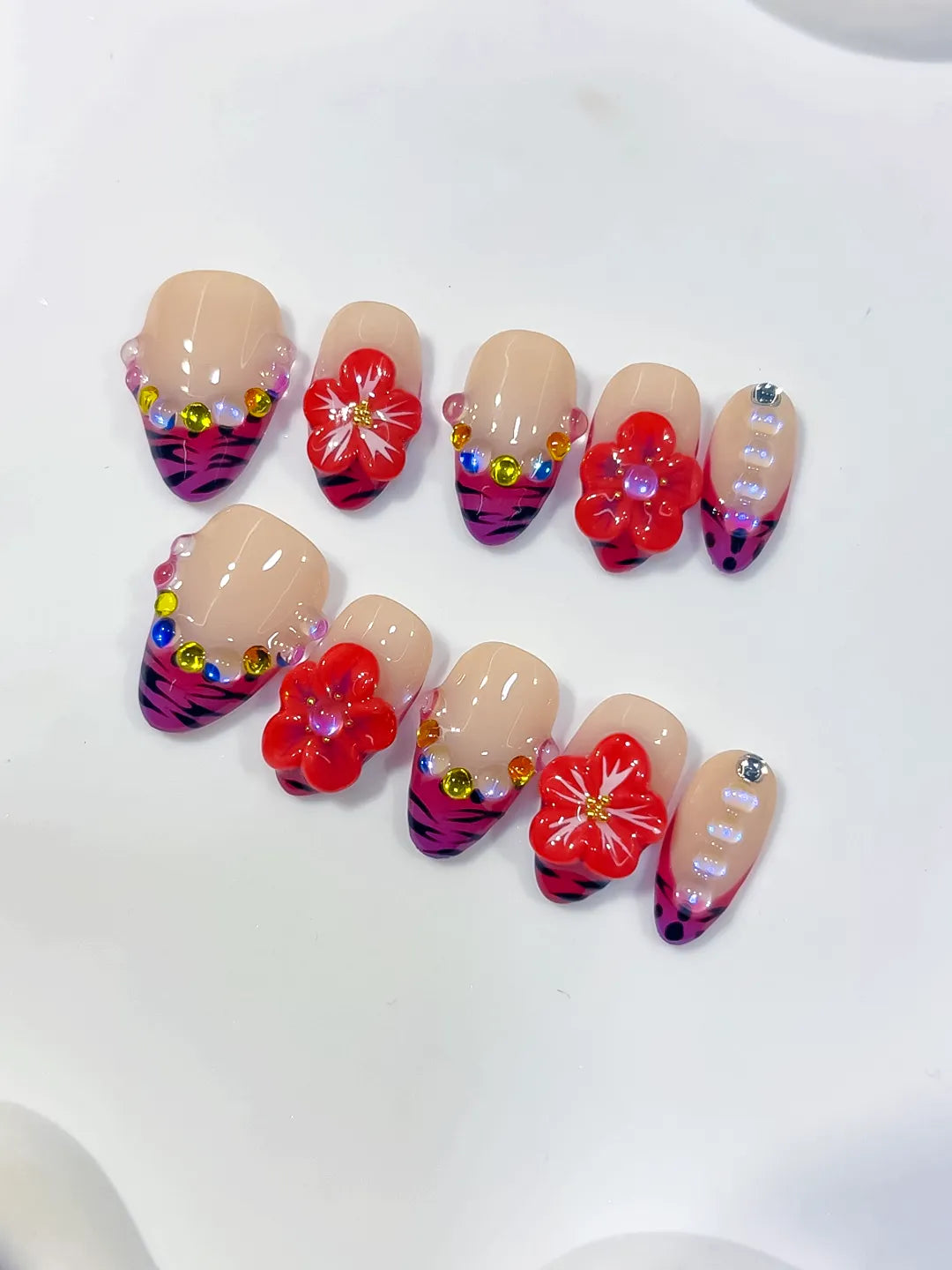 Nude Pink Purple Black Red Abstract Flower Animal Print Rhinestone press on nails detail view