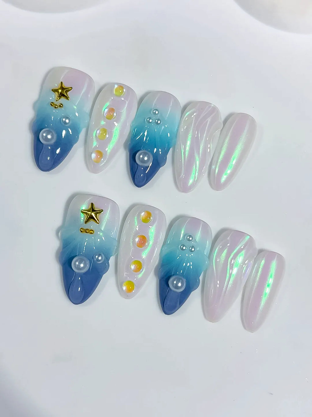 Blue White Multicolor Gold Holographic Pearl Star Shell press on nails close up