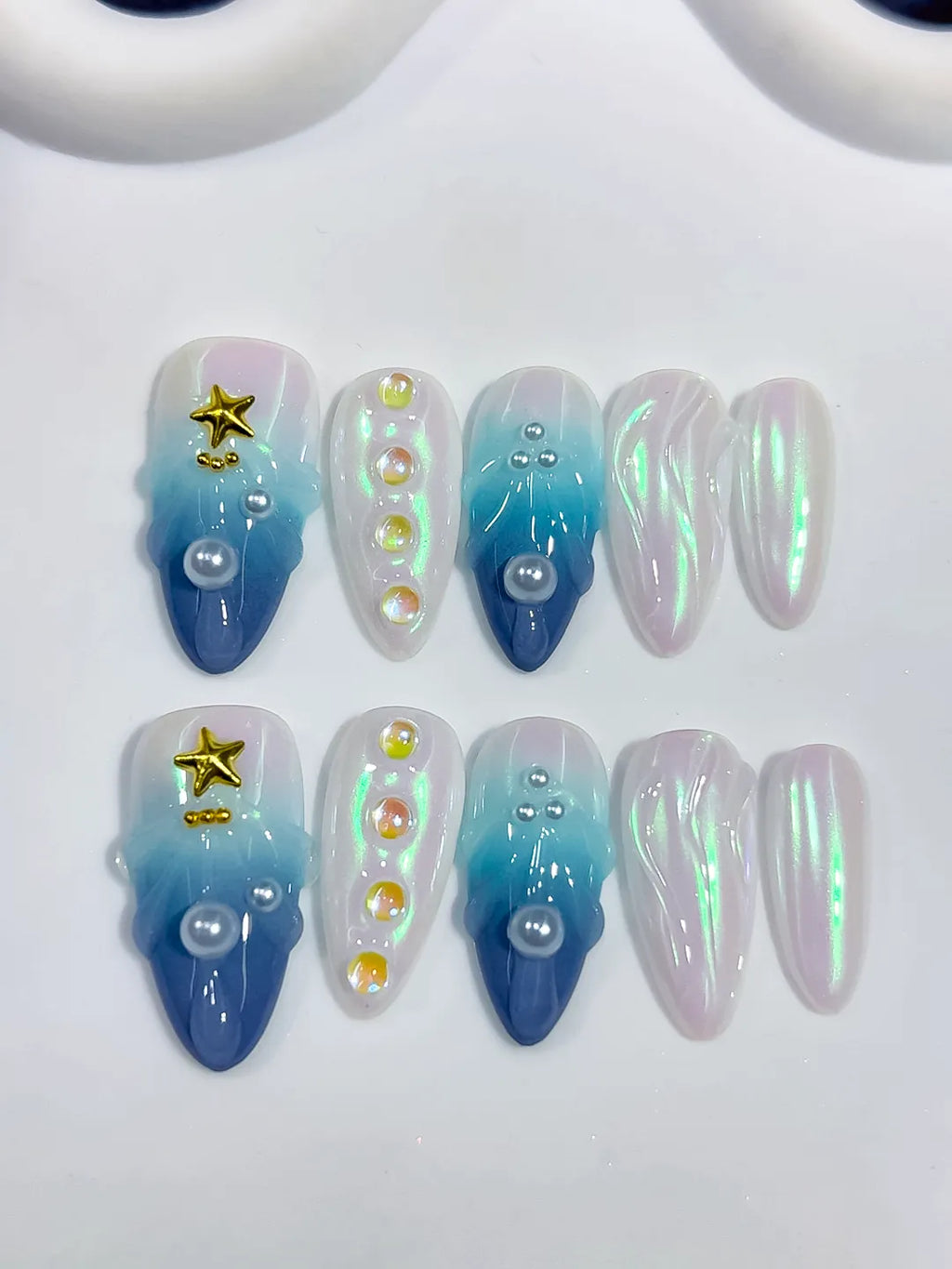 Blue White Multicolor Gold Holographic Pearl Star Shell press on nails detail view
