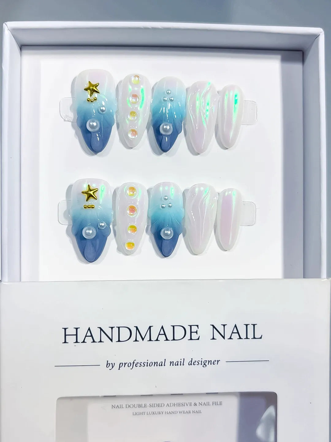 Blue White Multicolor Gold Holographic Pearl Star Shell press on nails full set view