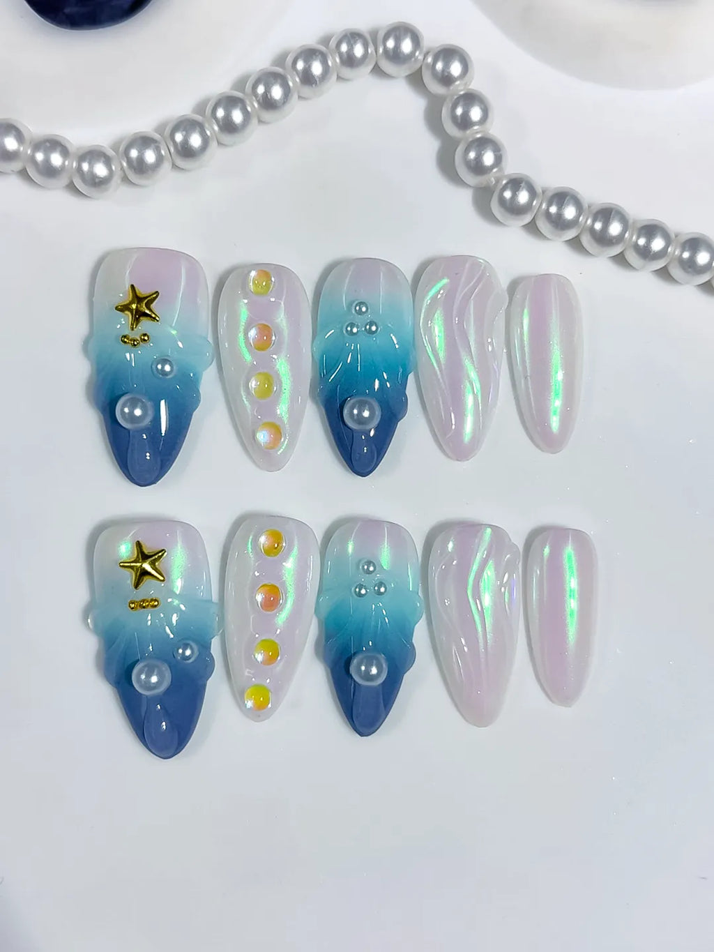 Blue White Multicolor Gold Holographic Pearl Star Shell press on nails detail view