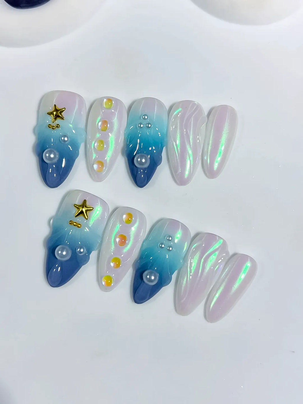 Blue White Multicolor Gold Holographic Pearl Star Shell press on nails detail view
