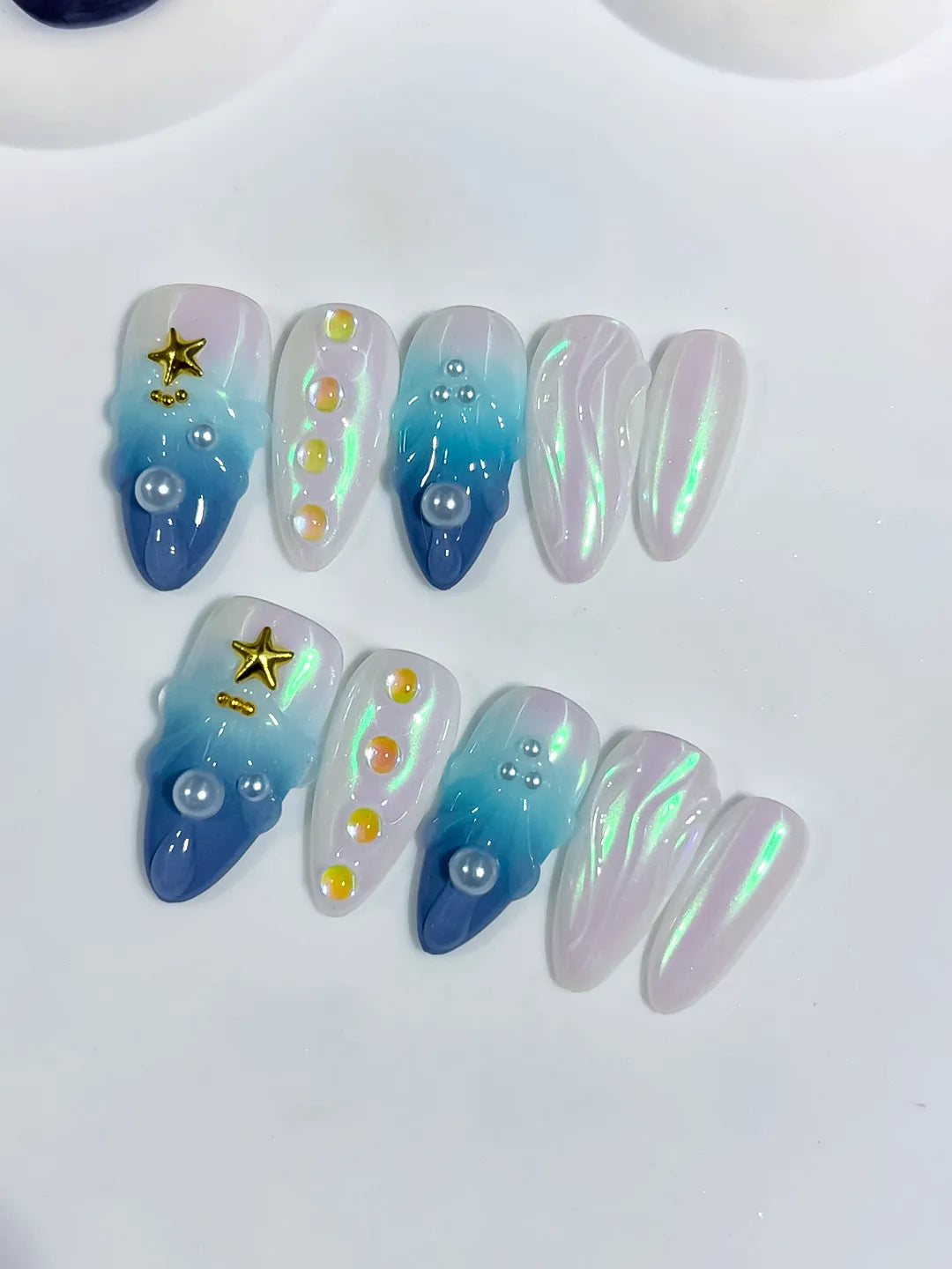 Blue White Multicolor Gold Holographic Pearl Star Shell press on nails detail view