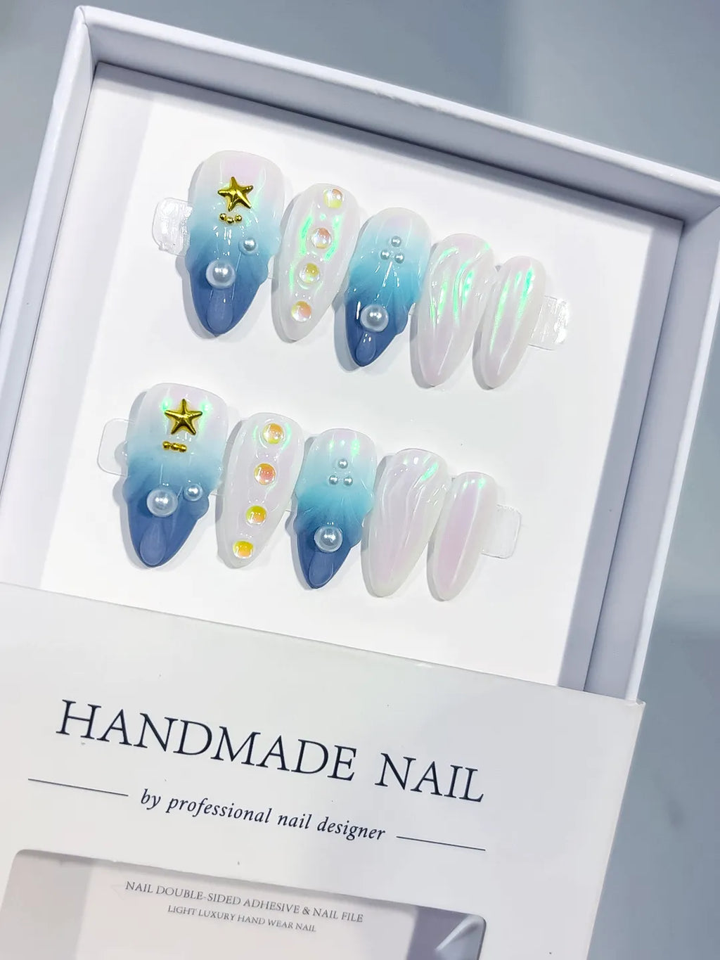 Blue White Multicolor Gold Holographic Pearl Star Shell press on nails