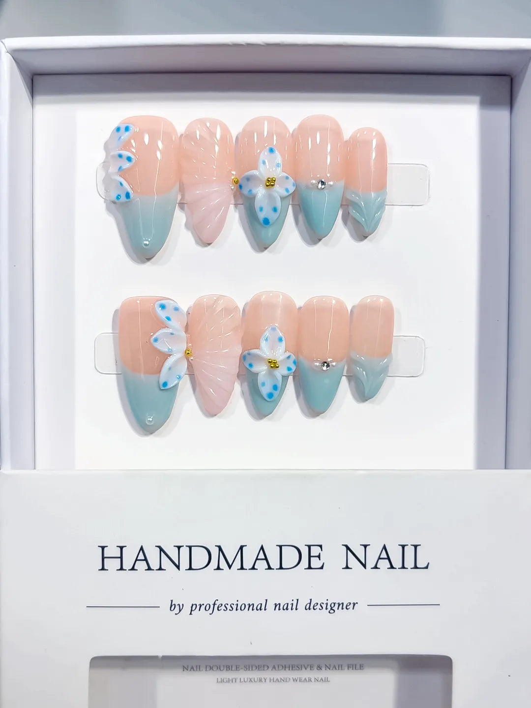 Nude Blue White French tip Flower Bow Shell press on nails full set view