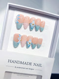 Nude Blue White French tip Flower Bow Shell press on nails