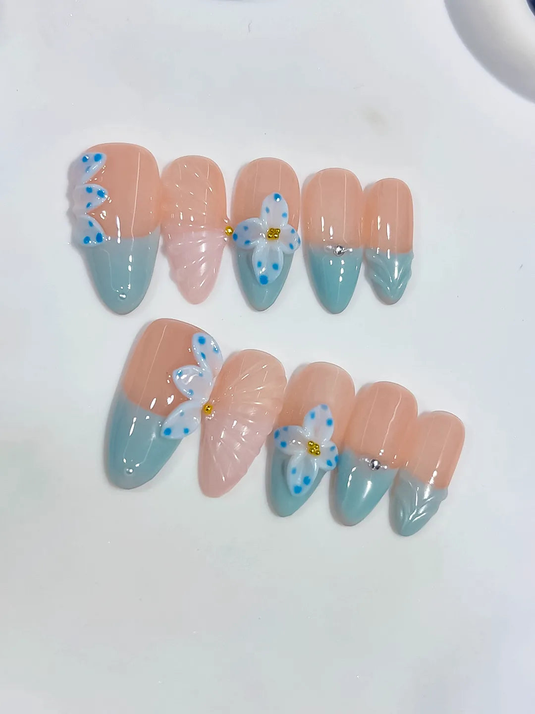 Nude Blue White French tip Flower Bow Shell press on nails detail view