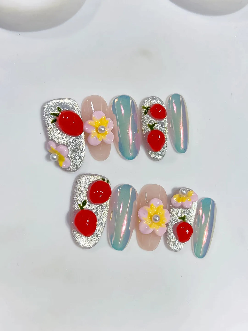 Silver Nude Multicolor Red Glitter Flower Fruit Pearl press on nails close up