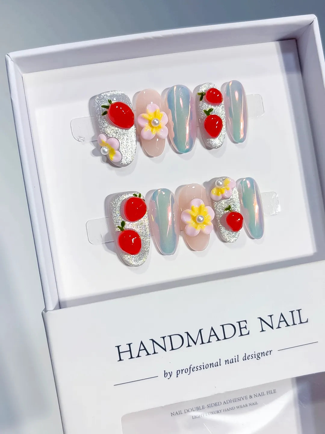 Silver Nude Multicolor Red Glitter Flower Fruit Pearl press on nails angled view