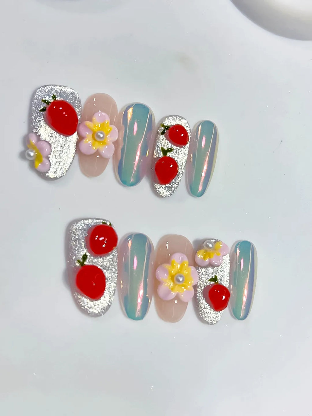 Silver Nude Multicolor Red Glitter Flower Fruit Pearl press on nails detail view