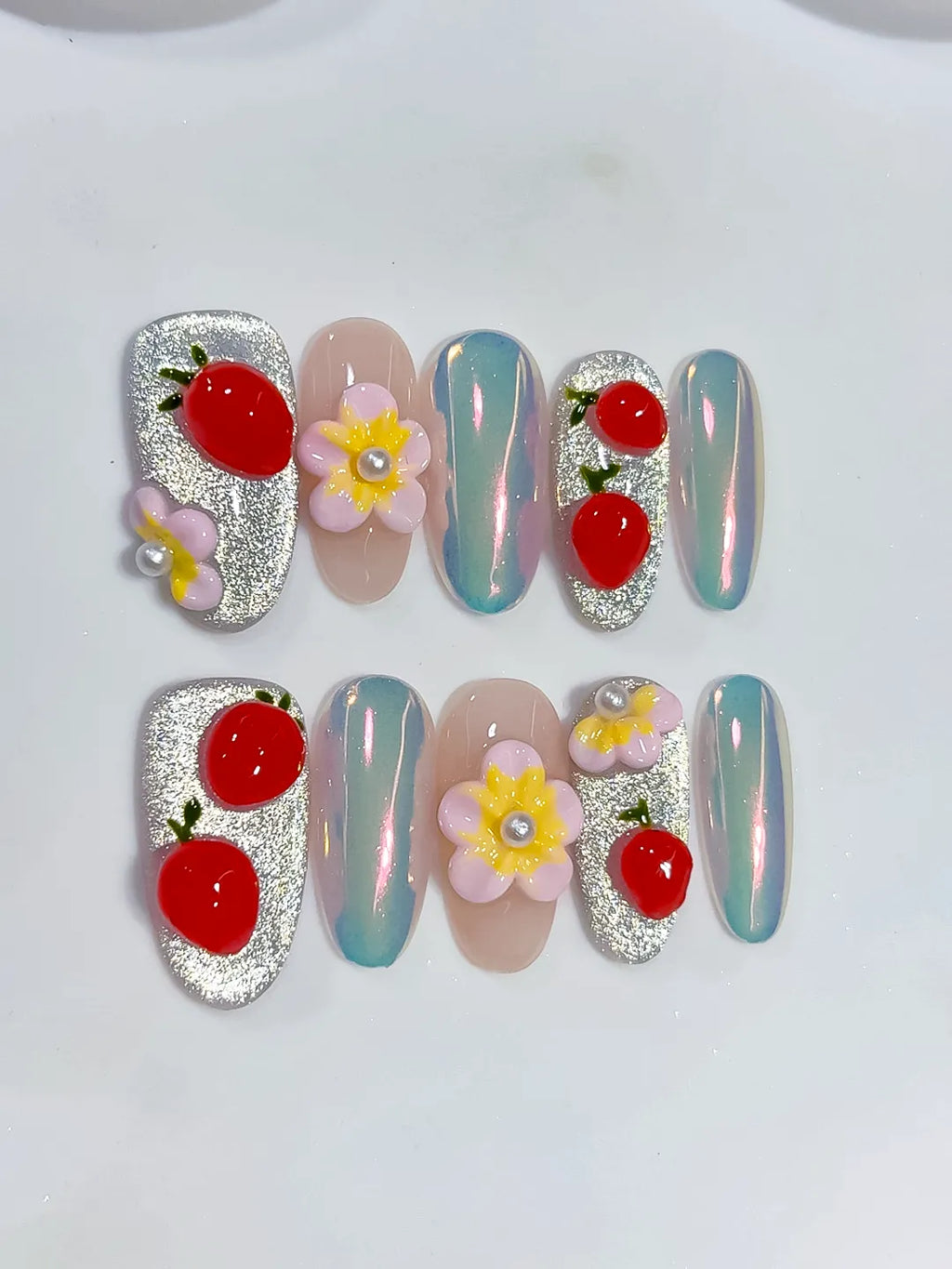 Silver Nude Multicolor Red Glitter Flower Fruit Pearl press on nails detail view