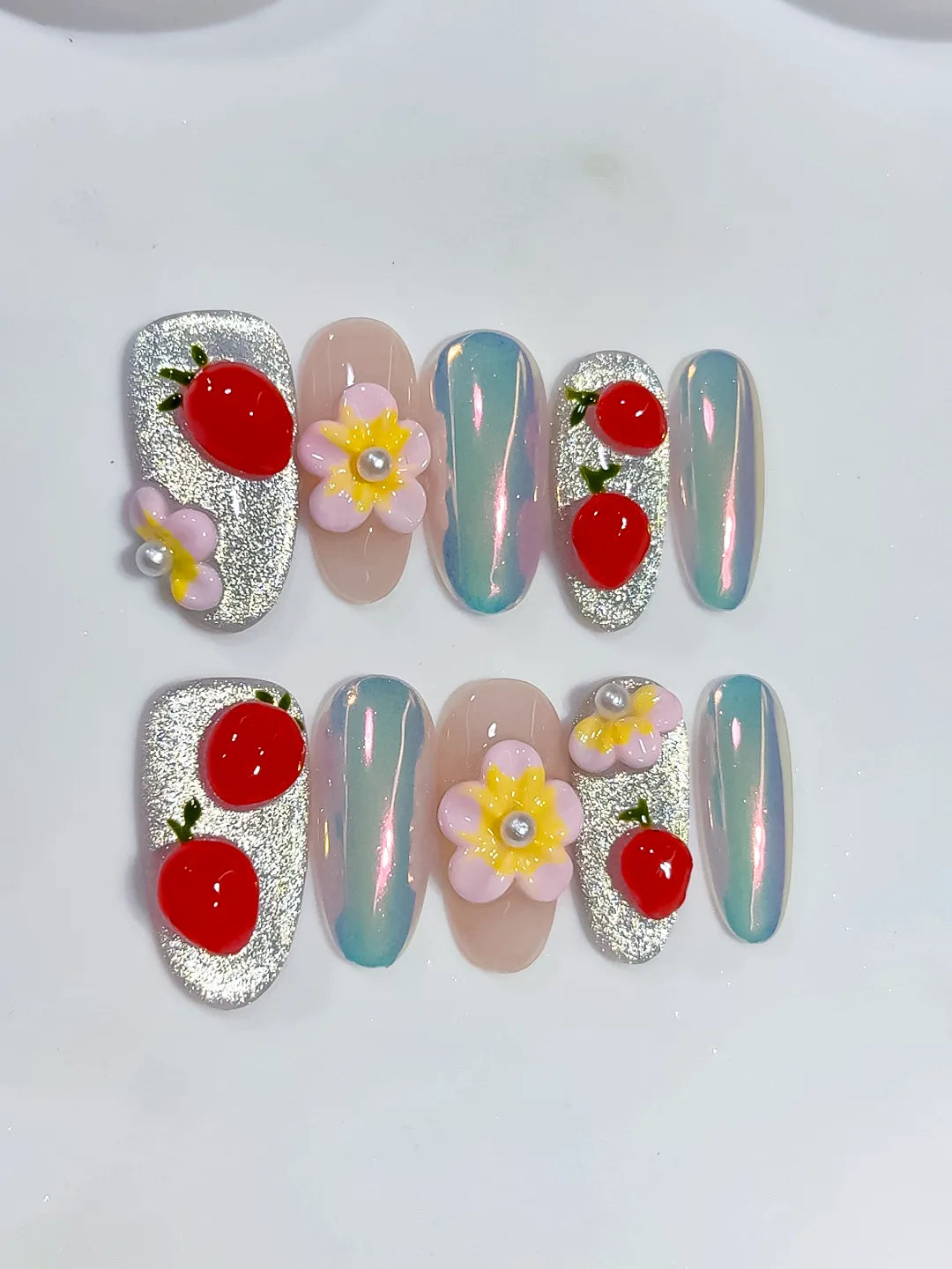 Silver Nude Multicolor Red Glitter Flower Fruit Pearl press on nails detail view