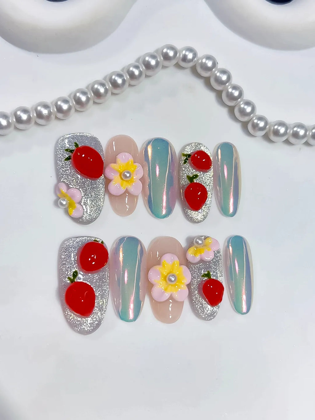 Silver Nude Multicolor Red Glitter Flower Fruit Pearl press on nails detail view