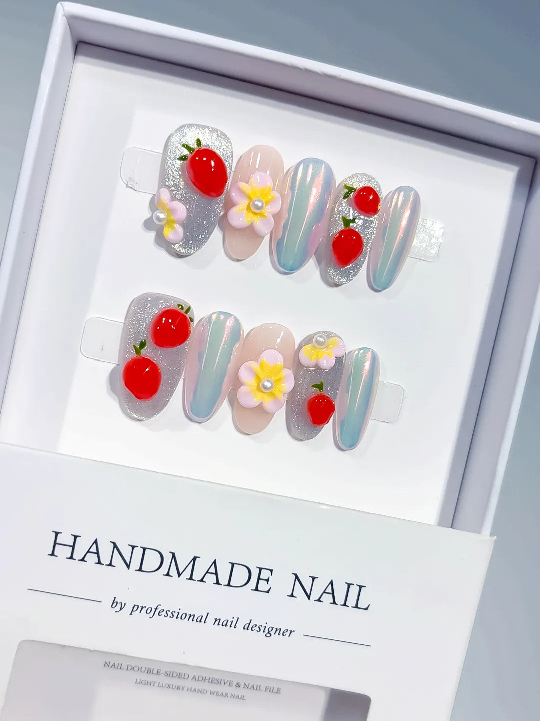 Silver Nude Multicolor Red Glitter Flower Fruit Pearl press on nails