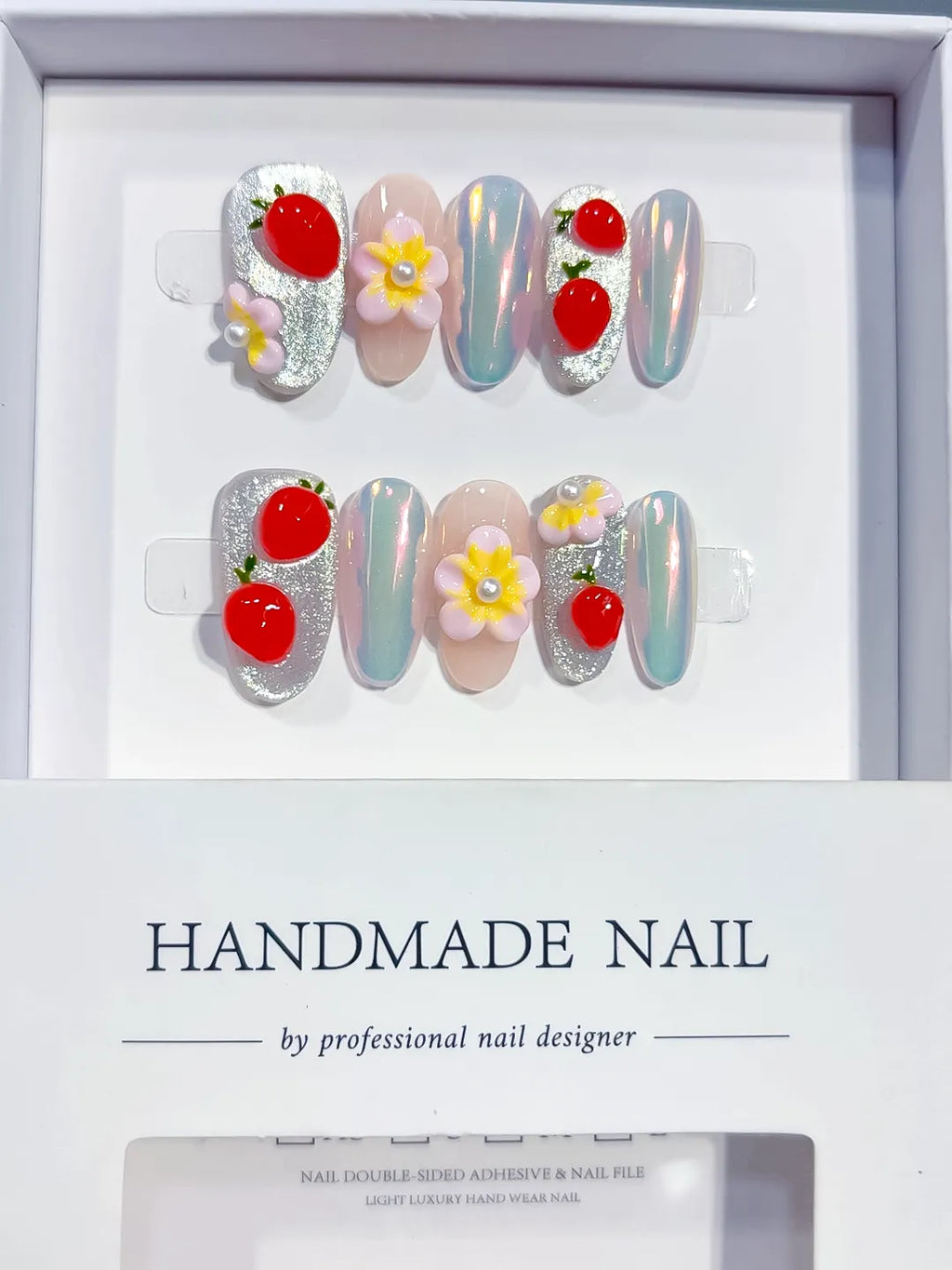 Silver Nude Multicolor Red Glitter Flower Fruit Pearl press on nails full set view