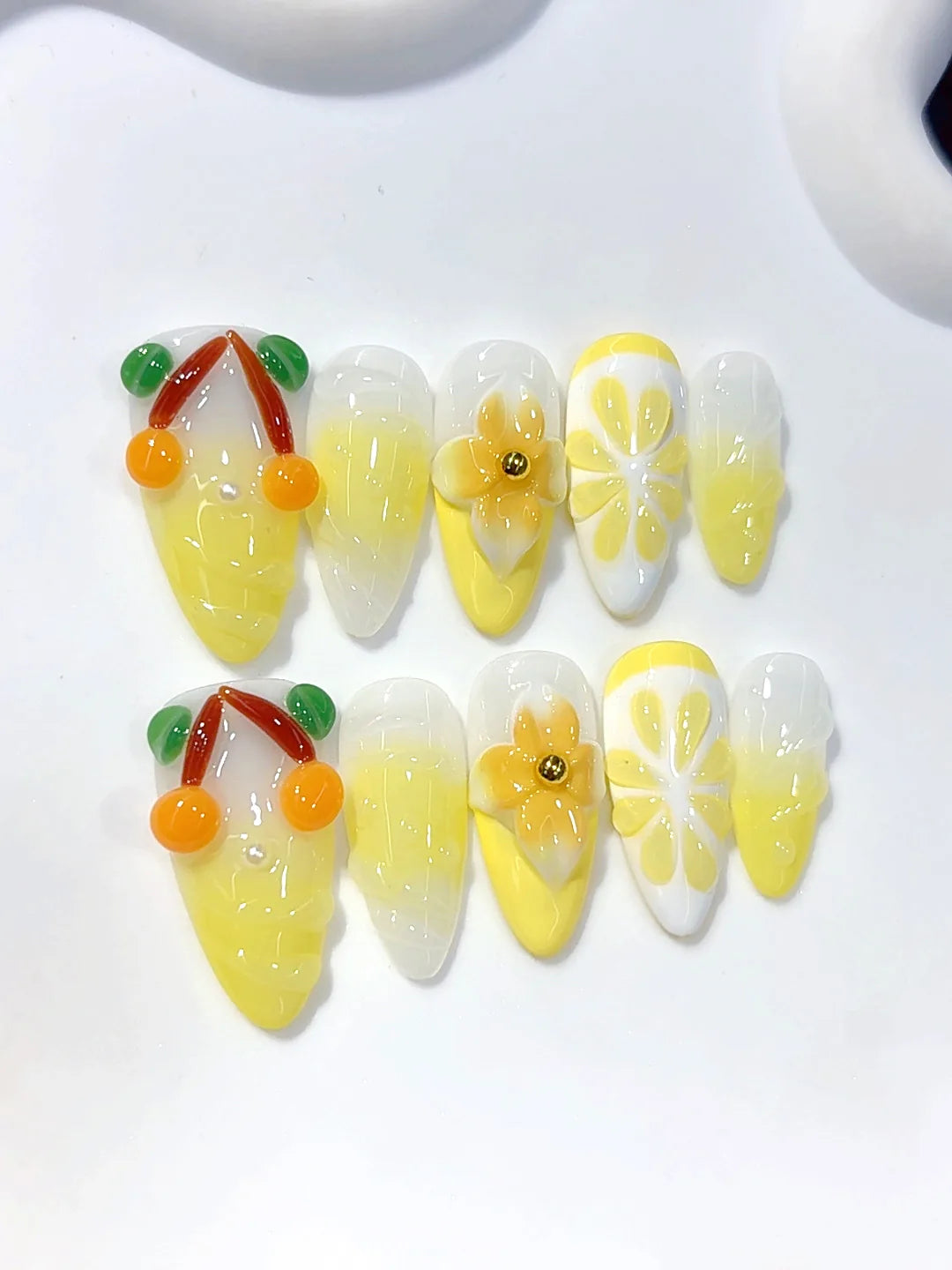 D640 - Medium Yellow Nude Almond Ombre 3D Floral - view 2