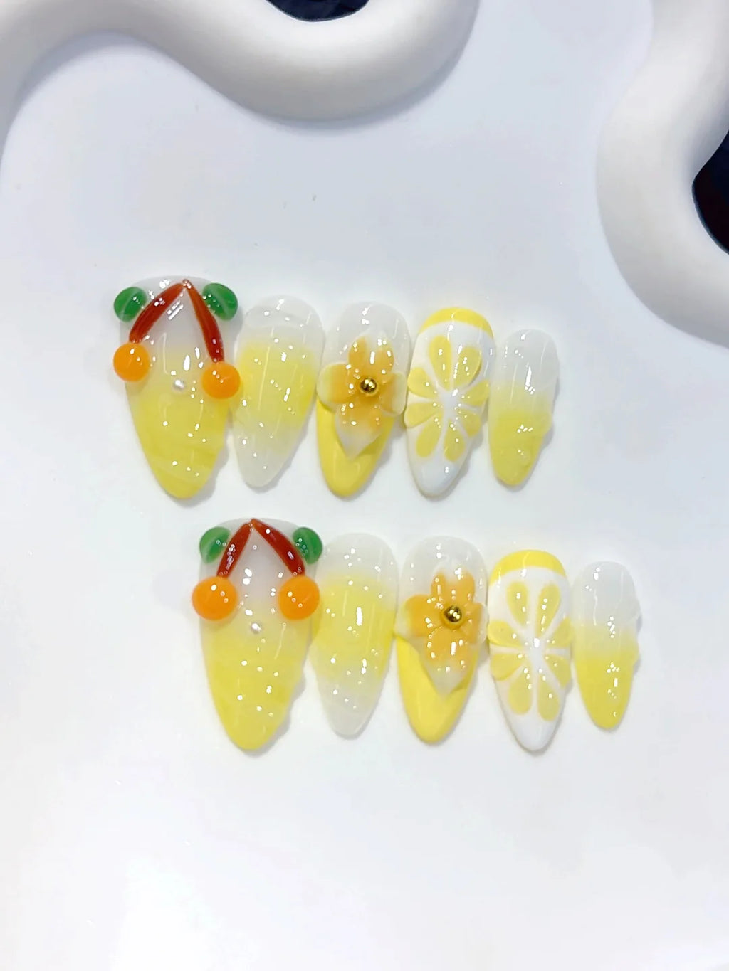 D640 - Medium Yellow Nude Almond Ombre 3D Floral - view 6