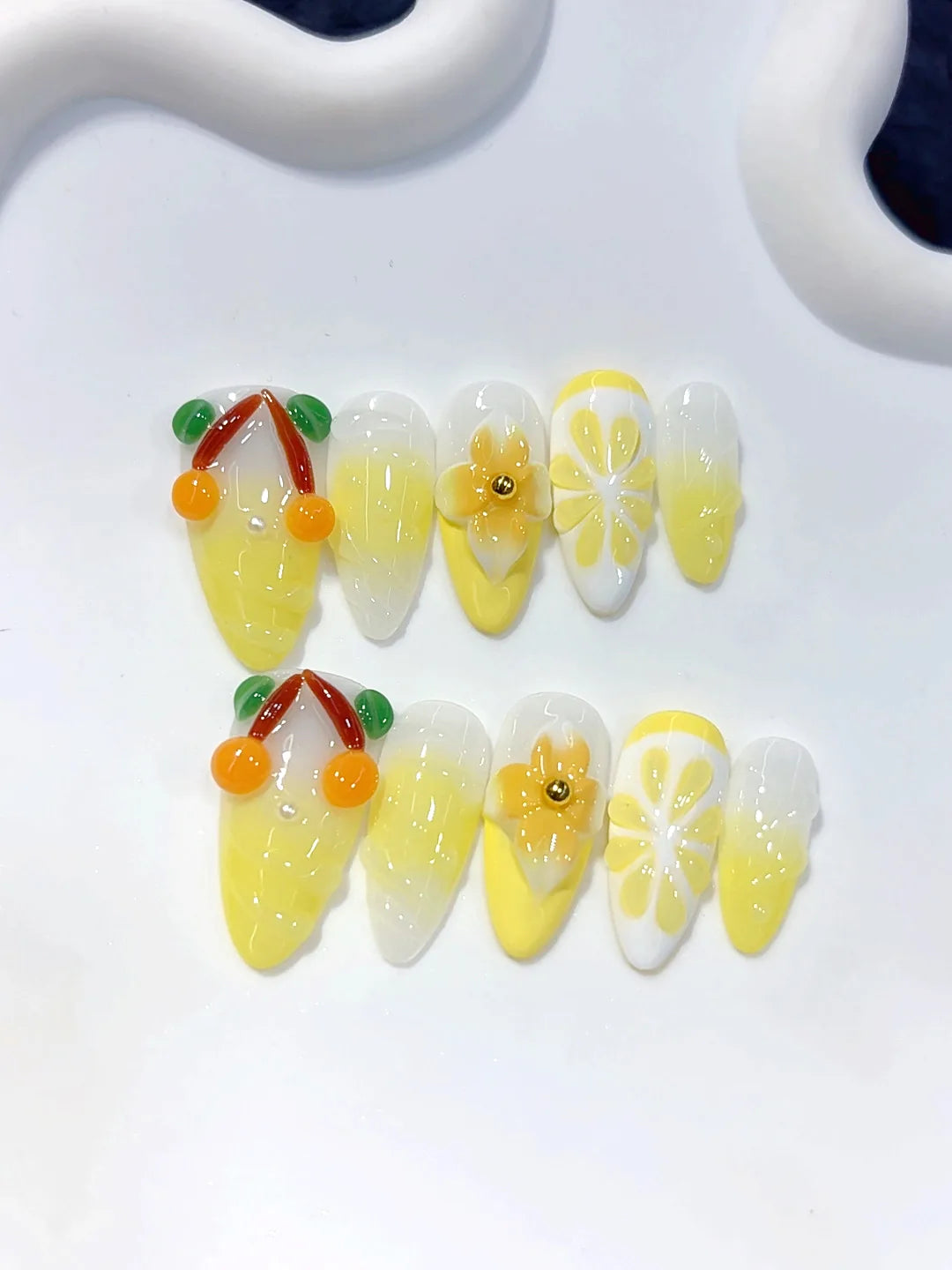 D640 - Medium Yellow Nude Almond Ombre 3D Floral - view 3