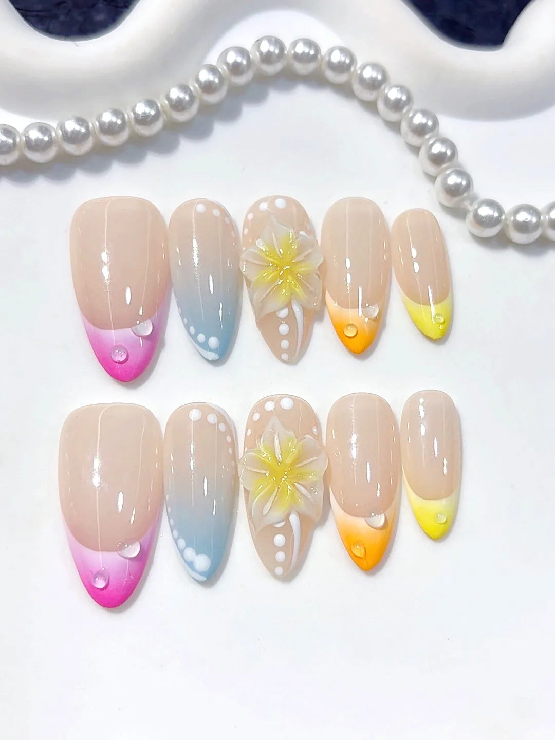 D642 - Medium Nude Pastel Almond Ombre French Tip Polka Dot Flowers - view 4