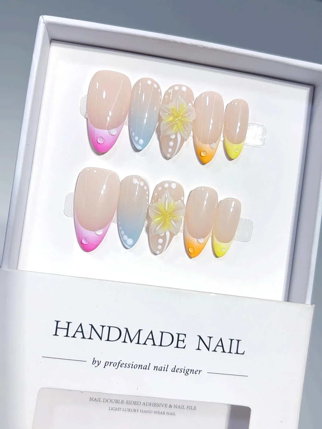 D642 - Medium Nude Pastel Almond Ombre French Tip Polka Dot Flowers - view 5