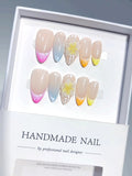 D642 - Medium Nude Pastel Almond Ombre French Tip Polka Dot Flowers - view 5