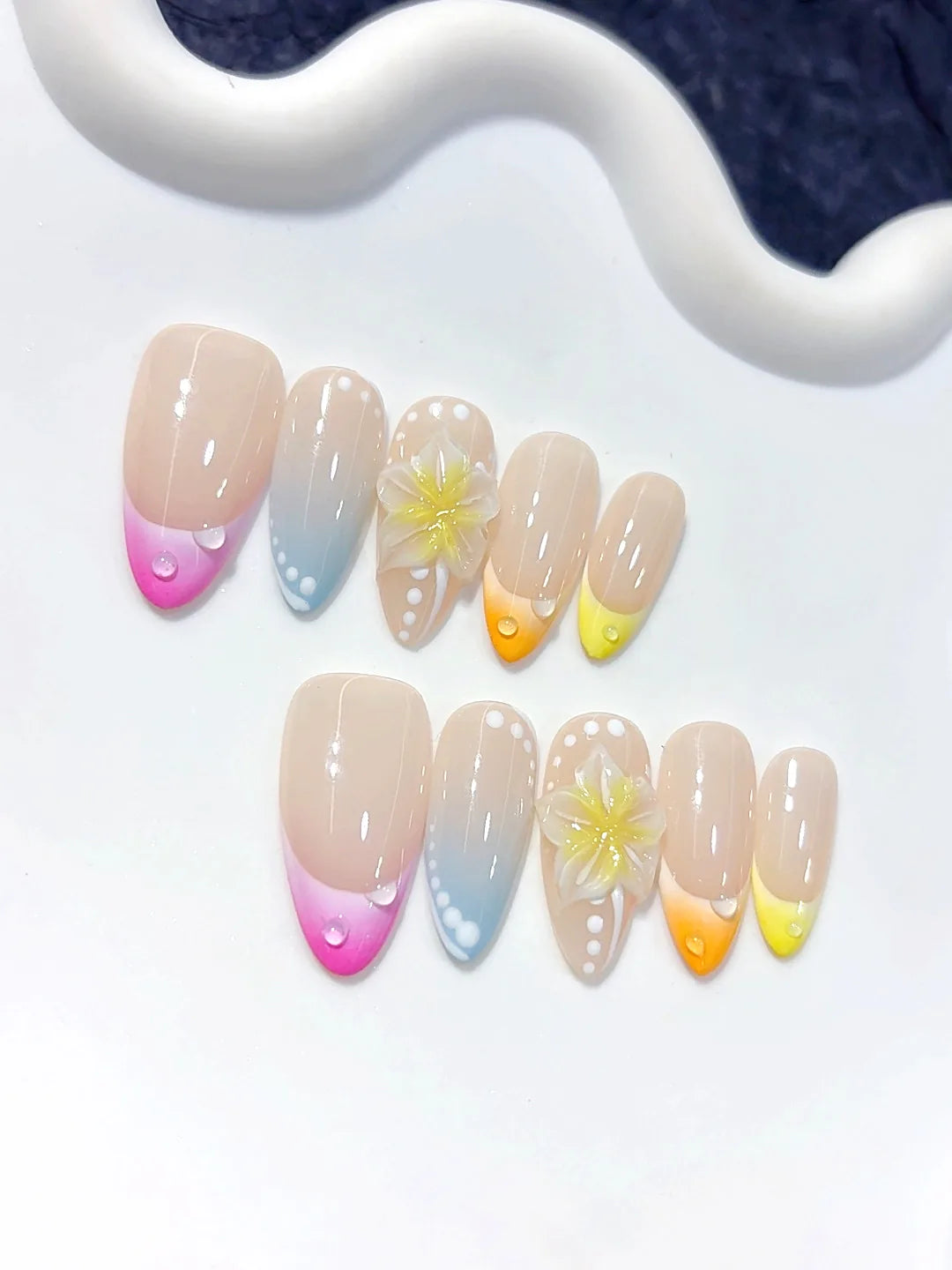D642 - Medium Nude Pastel Almond Ombre French Tip Polka Dot Flowers - view 2
