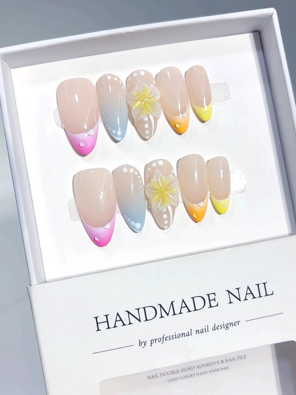 D642 - Medium Nude Pastel Almond Ombre French Tip Polka Dot Flowers - view 6