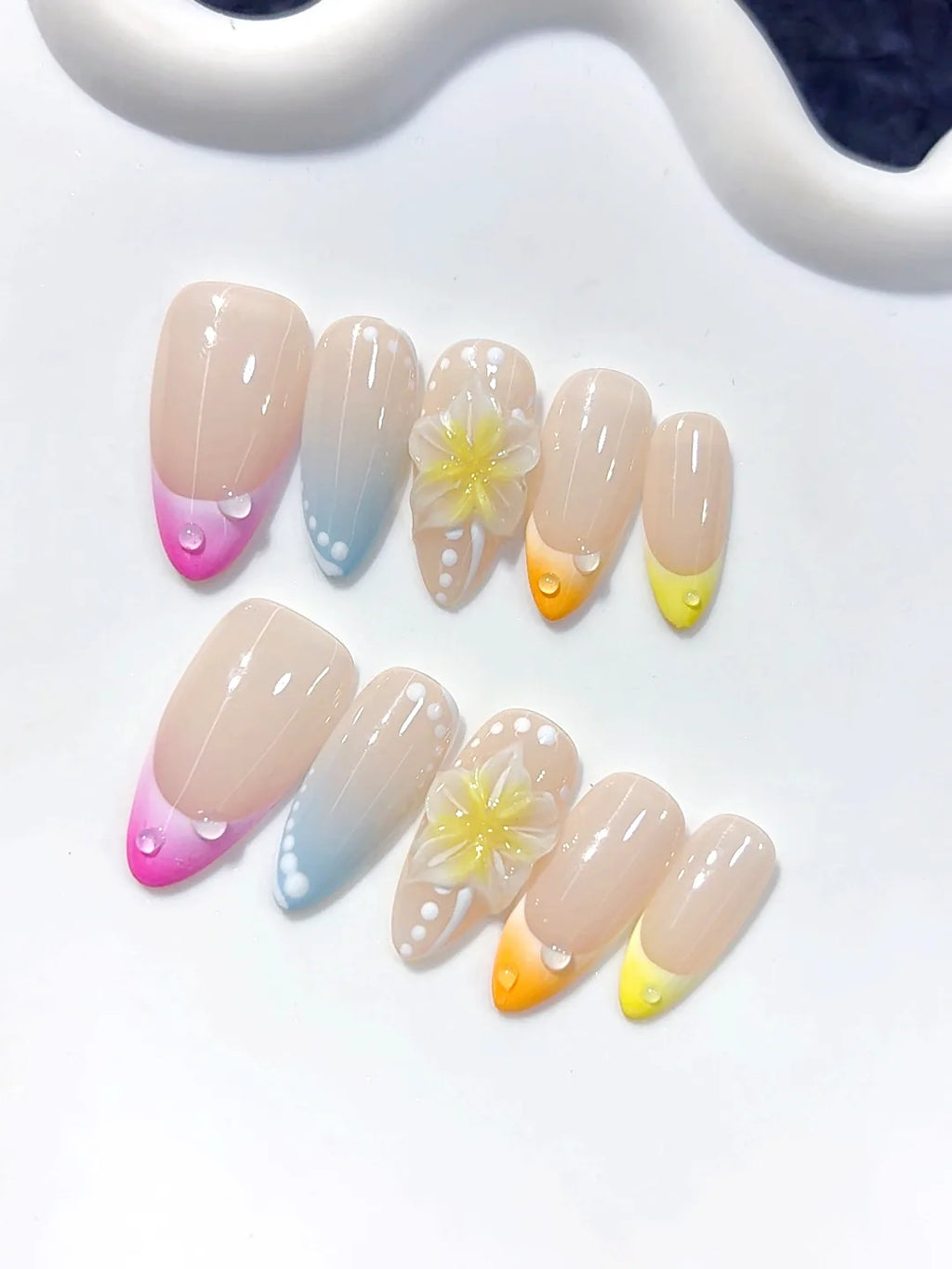 D642 - Medium Nude Pastel Almond Ombre French Tip Polka Dot Flowers - view 7