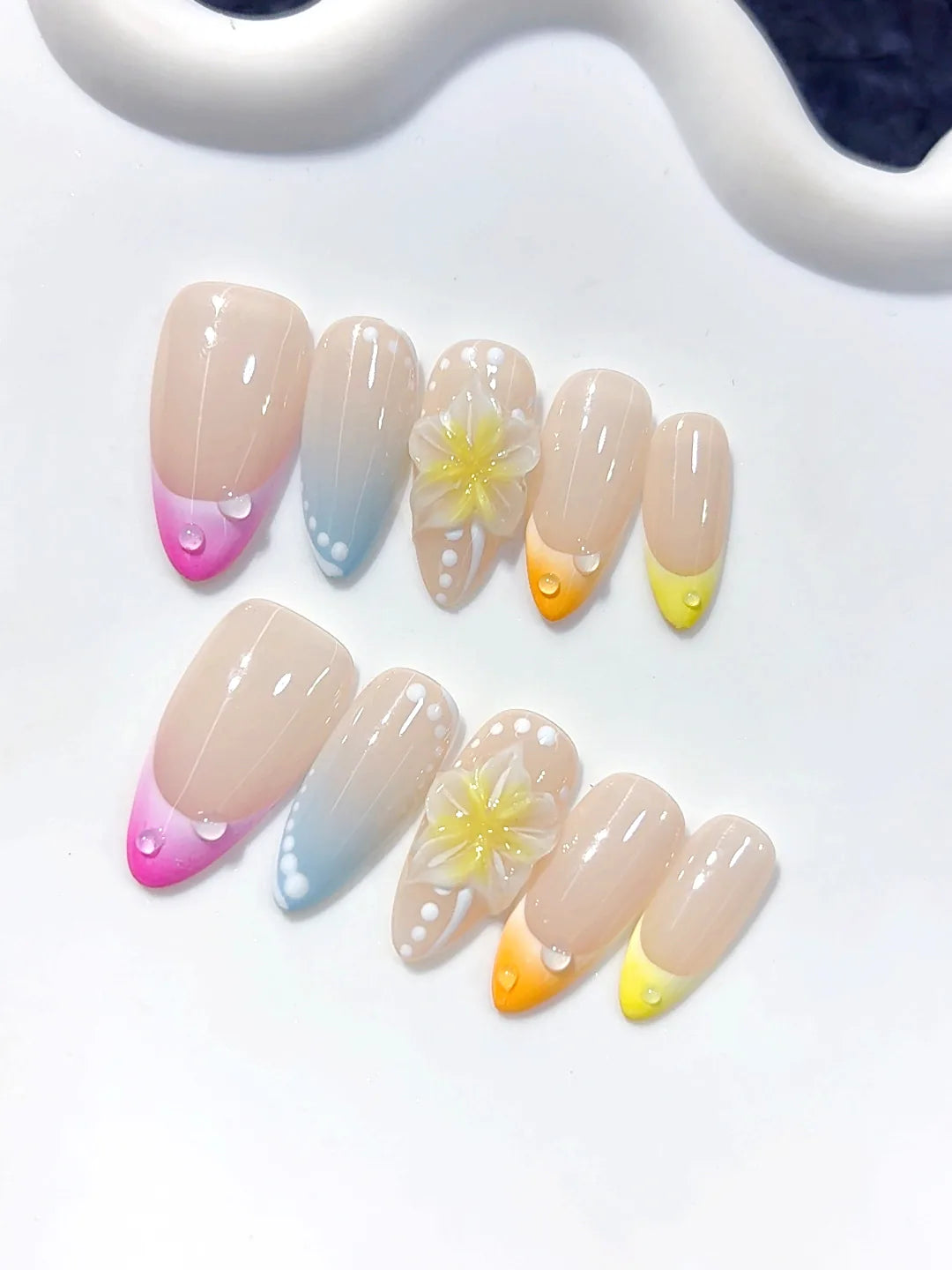 D642 - Medium Nude Pastel Almond Ombre French Tip Polka Dot Flowers - view 7