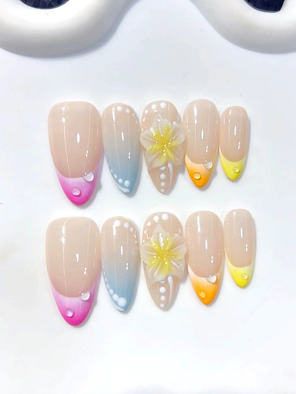 D642 - Medium Nude Pastel Almond Ombre French Tip Polka Dot Flowers - view 3