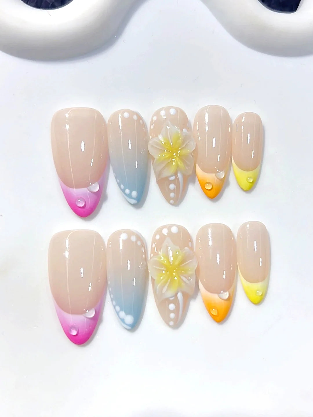 D642 - Medium Nude Pastel Almond Ombre French Tip Polka Dot Flowers - view 3