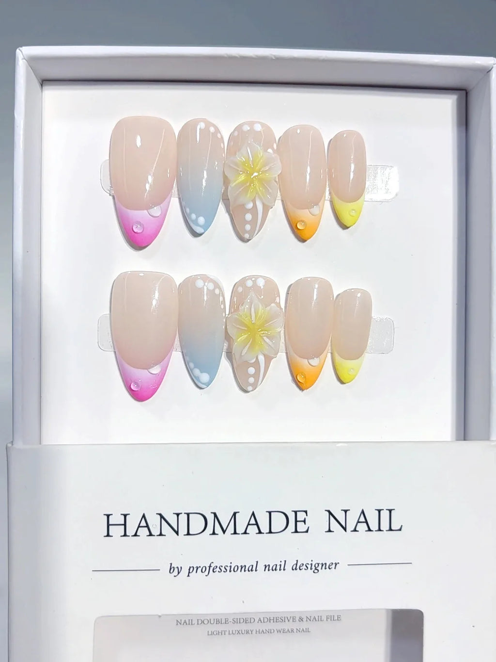 D642 - Medium Nude Pastel Almond Ombre French Tip Polka Dot Flowers - view 1