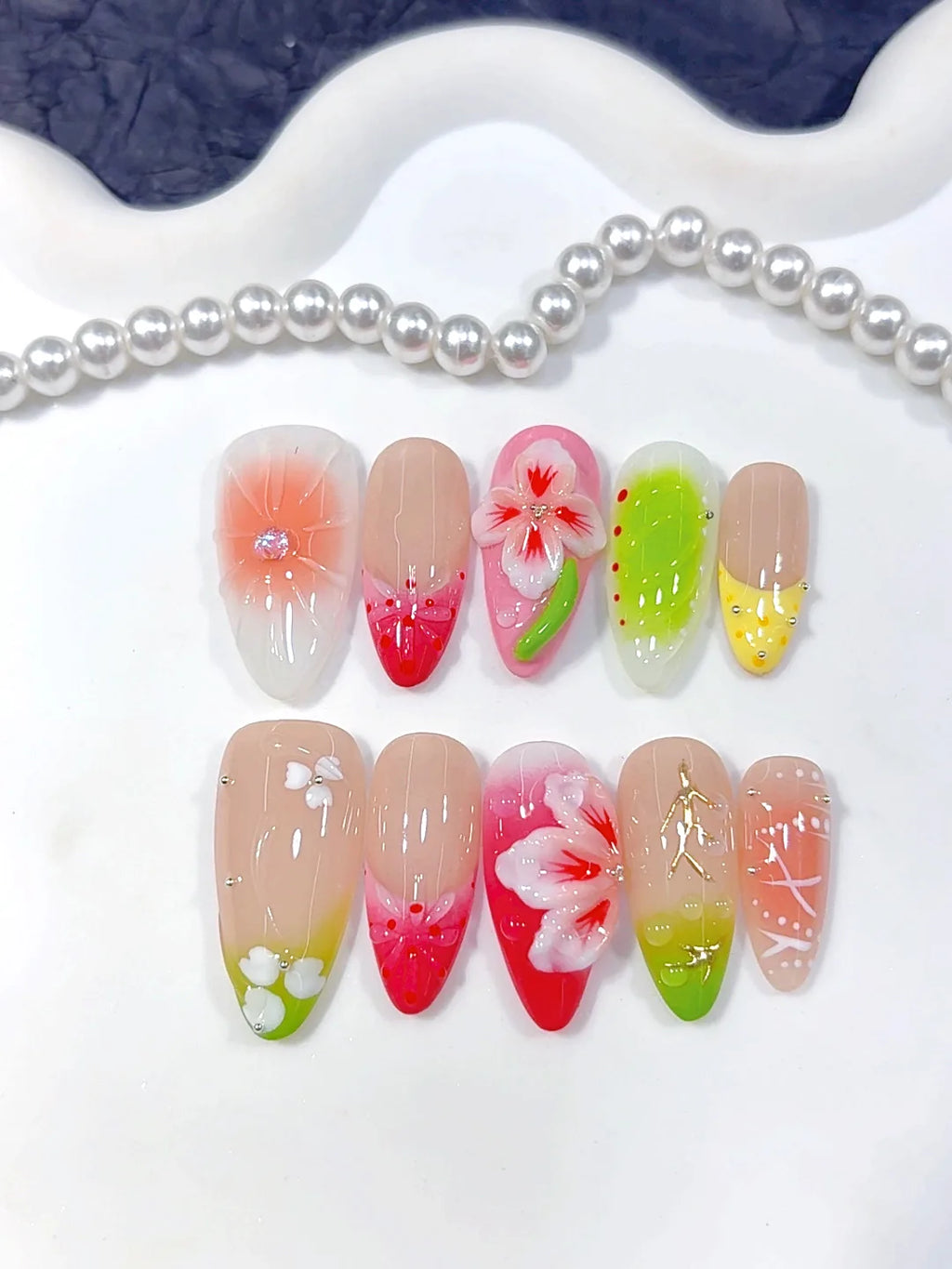 D643 - Medium Pink Green Almond Kawaii 3D Flowers - view 5