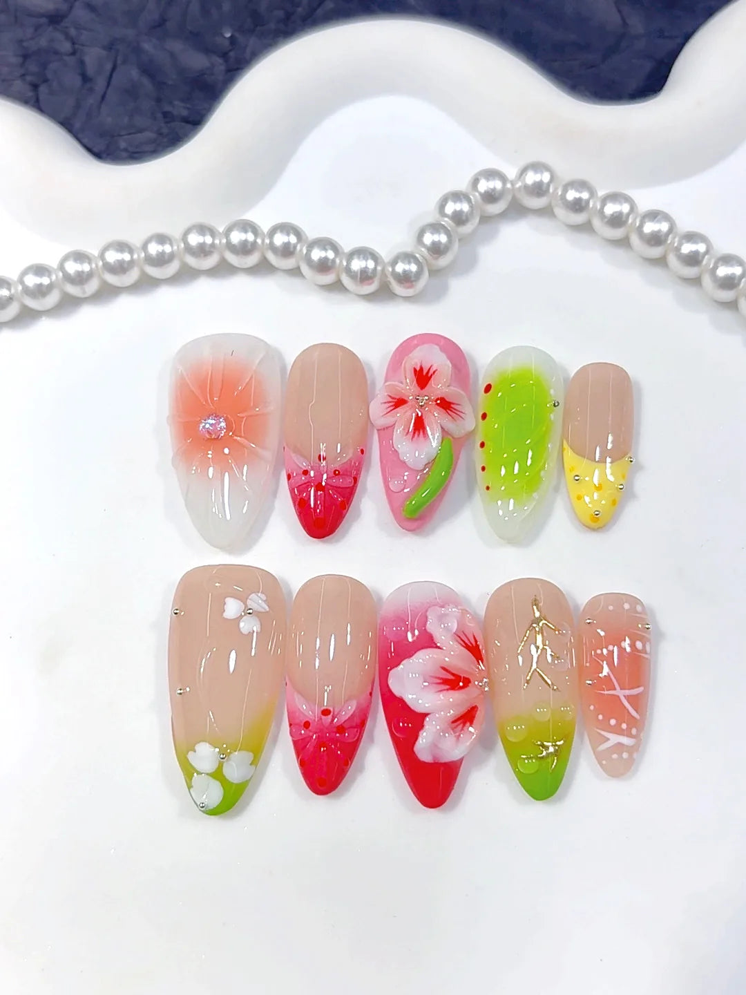 D643 - Medium Pink Green Almond Kawaii 3D Flowers - view 5