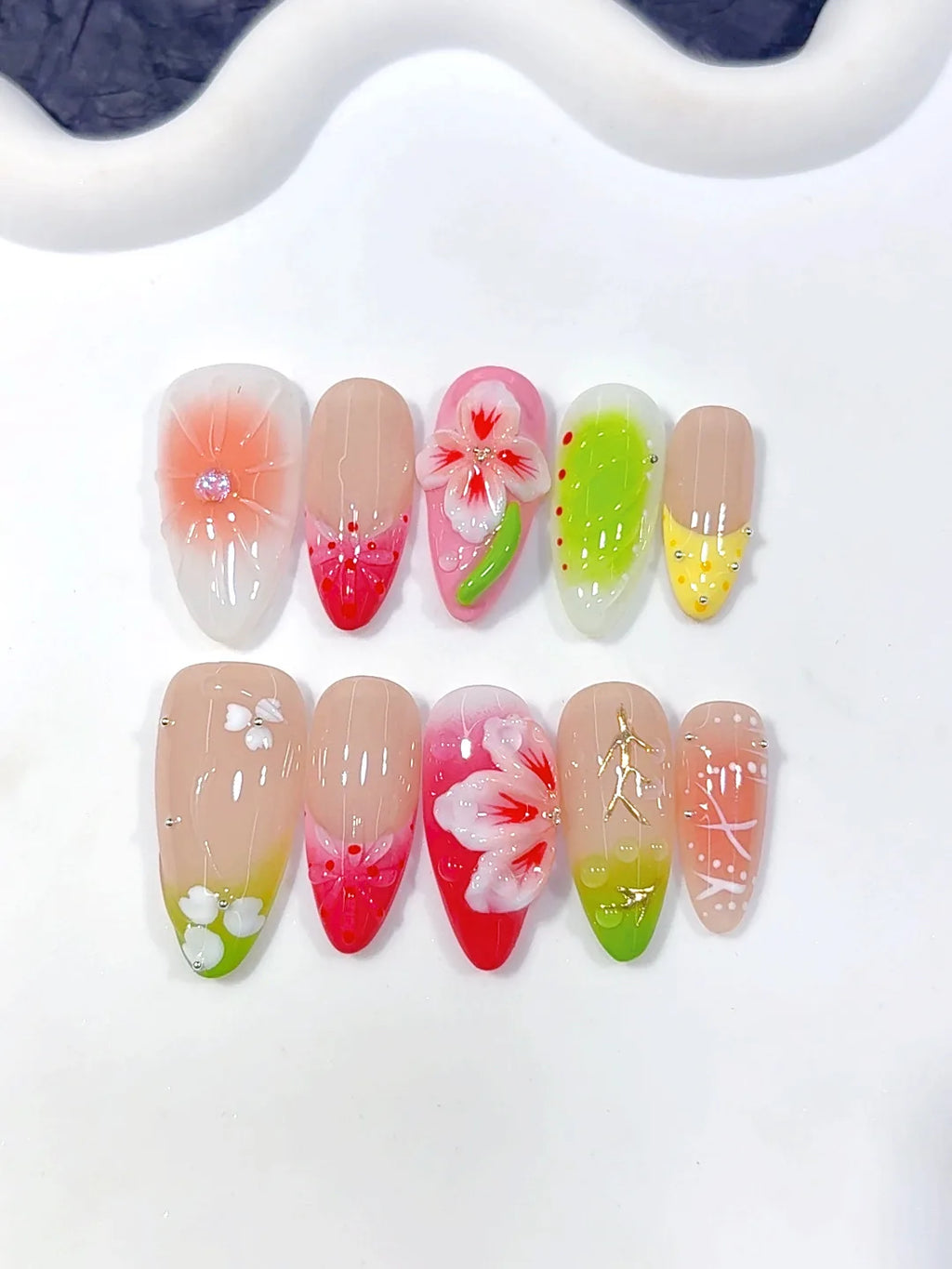 D643 - Medium Pink Green Almond Kawaii 3D Flowers - view 7